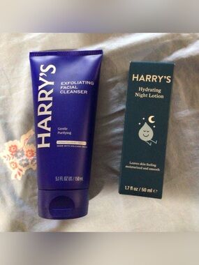 Harry’s brand face cleanser and hydrating lotion